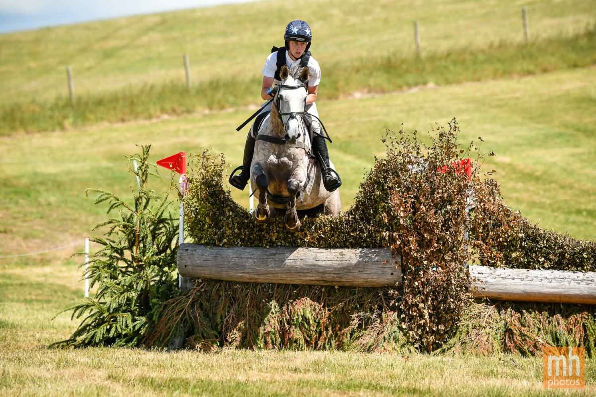 Grey horse jumping a cross country fence